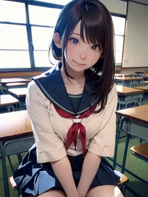 There is a woman sitting on a chair in the classroom., In the classroom, sitting in classroom, 超Realisticな女子高生, japanese , Japanese High School, Japanese girls uniform, 超Realisticな女子高生, Strike a Pose, Acquiring Japanese , Cute school girl, The entire subject is visible, student, Realistic , 学校のIn the classroom