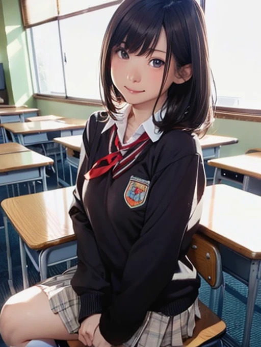There is a woman sitting on a chair in the classroom., In the classroom, sitting in classroom, 超Realisticな女子高生, japanese , Japanese High School, Japanese girls uniform, 超Realisticな女子高生, Strike a Pose, Acquiring Japanese , Cute school girl, The entire subject is visible, student, Realistic , 学校のIn the classroom
