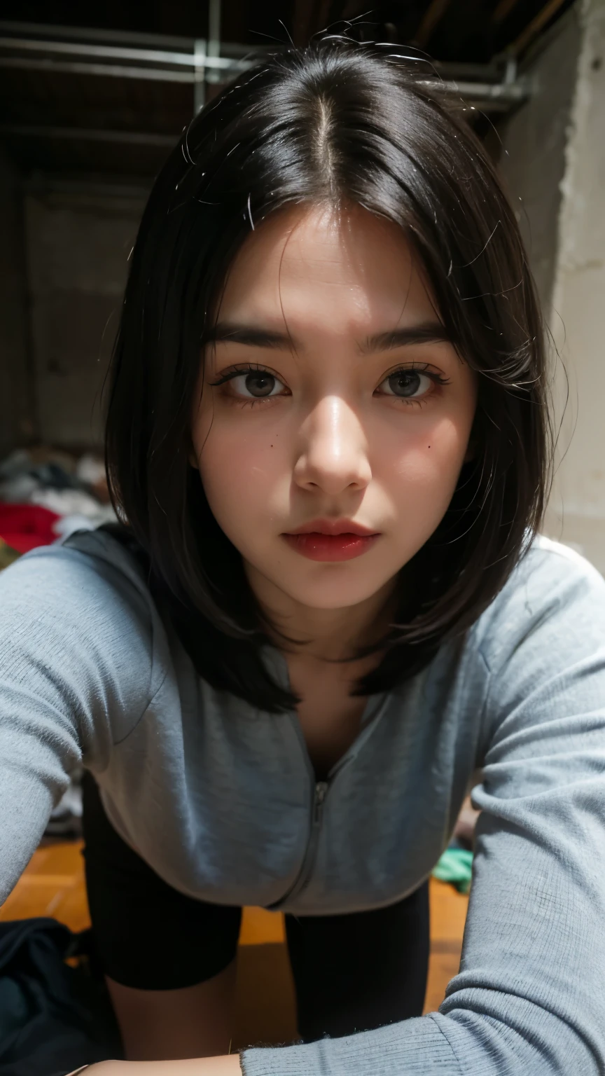 18-year-old,Korean women8k,whole body,Pale skin,,((((I'm in a pitch black concrete basement.)))),(((imprisonment))),(((torture))),(((Frowning,Glaring at the camera))),(Very fine eye),((Tired and unable to move)),(((Wearing soot-stained clothes. The surrounding area is littered with garbage and filth.,The floor is wet,insect,Bad smell,Dirty and oily))),Sweating profusely,(((old buildings))), (((highest quality))), (((masterpiece))) , ((((Realistic)))),,Black Hair, chic hairstyle, ((With bangs,Straight medium bob cut, nice hair)), Light makeup,Red eyes, (((I'm not wearing lipstick))), (nice, strong), (((An atmosphere of anxiety))), Realistic Skin,Realistic texture, A lot of trash,Red iris,Perfect Face,(((Big eyes))) portrait of aespaのウィンター,