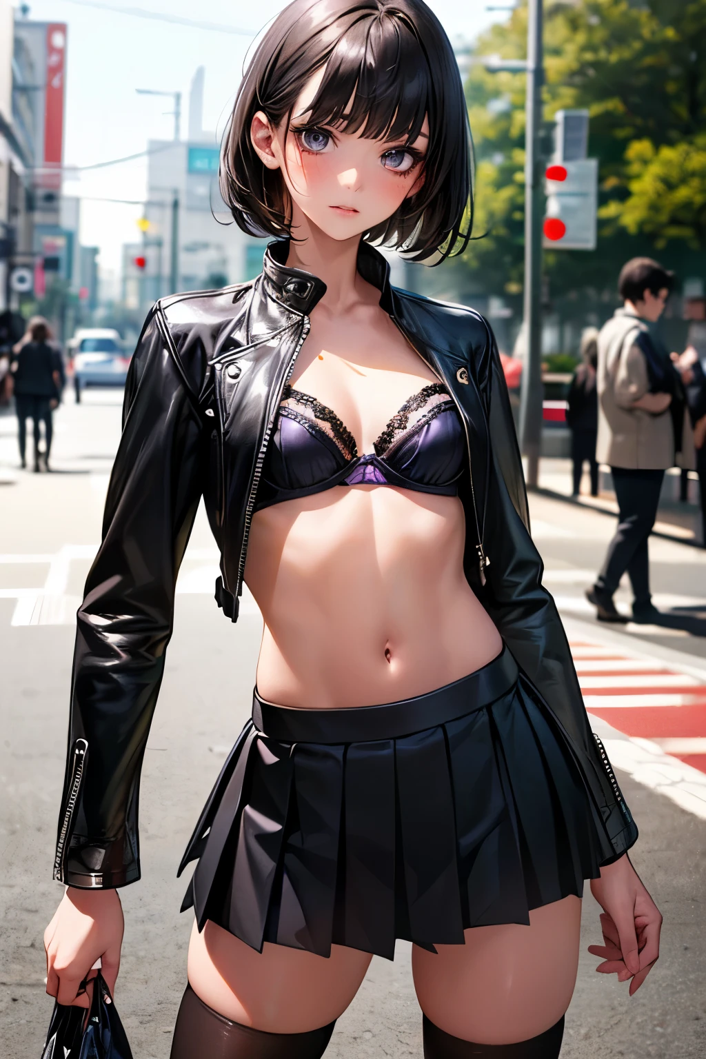 ((perfect ???????,realistic:1.4,RAW Photography:1.4,masterpiece、highest quality、Ultra - High resolution、High resolution、Highly detailed CG、8K)),cowboy shot,1 female,solo,18 year old beauty,Japanese,((beautiful detailed face and eyes,big gorgeous eyes:1.3,gray eyes)),black hair,short bob hair,blunt bangs,shy,(medium breasts,slender body,small head:1.3,skinny),(gleaming skin,shiny skin),Black leather jacket、White bra、navel、pleated mini skirt、black_thighhighs、on street,Tokyo、