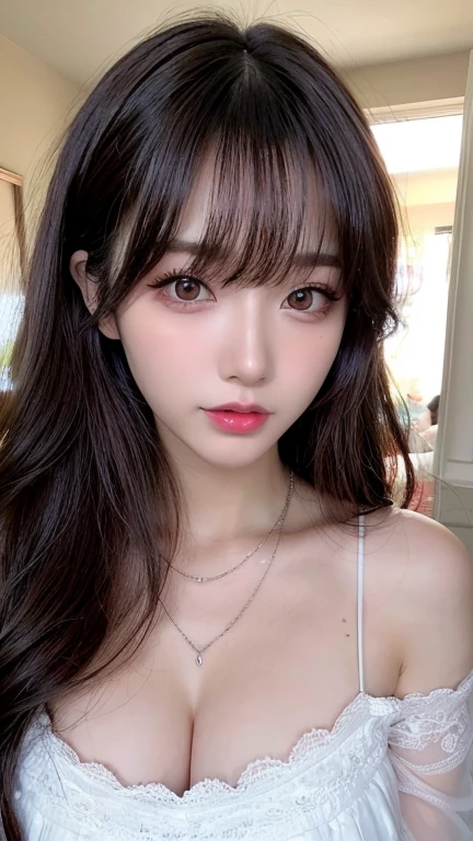 Canon RF 85mmf/1.2,masutepiece,Best Quality,超A high resolution,tu,1 girl,(Korean mixed,Kpop Idol:1.2),Solo,white_shiny_skin,Black eyes,Necklace,brown_long_Wavy_hair,Red_shiny_Lips,Eyelashes,Bangs,deal,make - up,shiny,Pore,skin texture,Bracelet,off shoulders,See-through,Big breasts