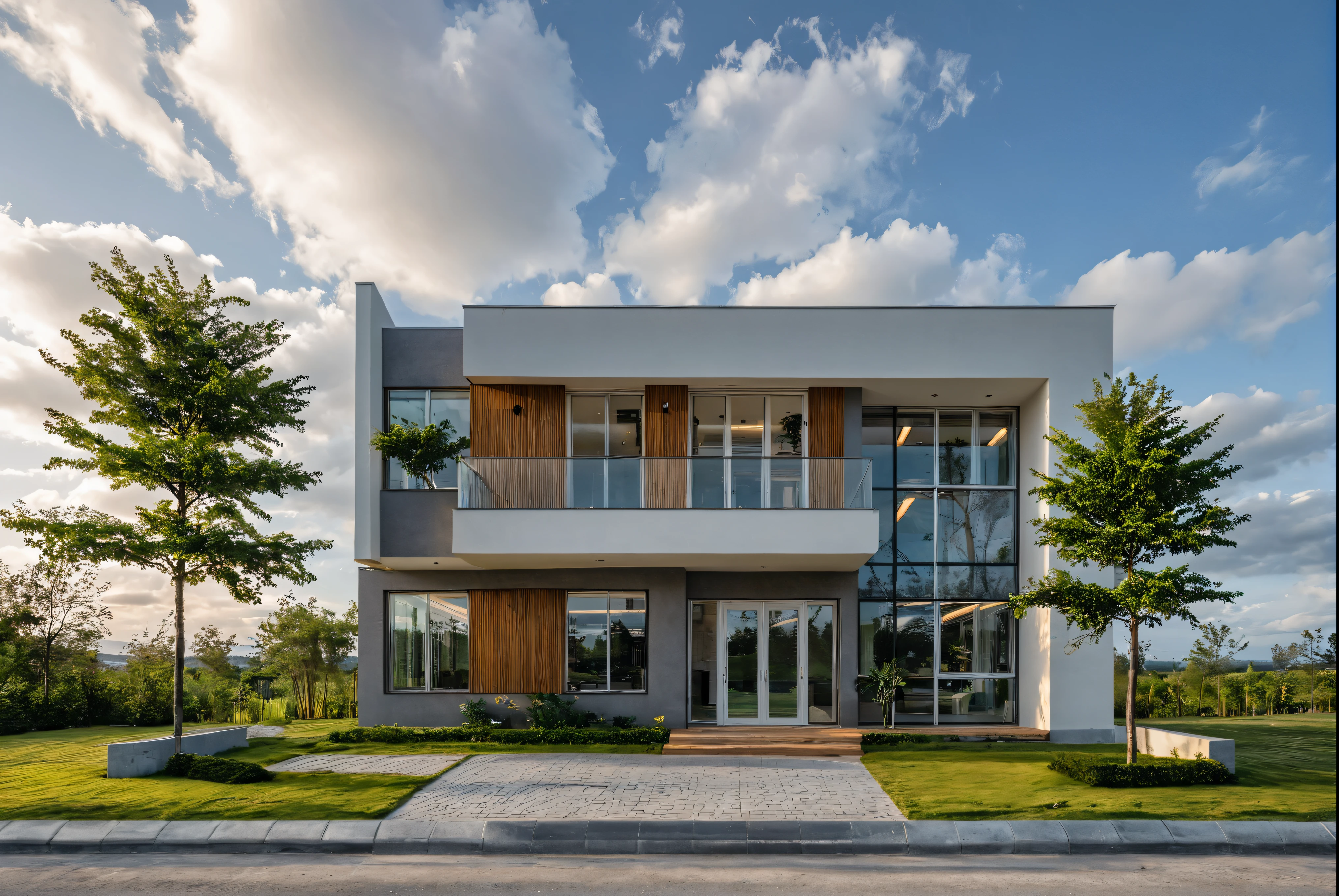 Masterpiece, high quality, best quality, authentic, super detail, outdoors, onestoreyvillaXL, aiaigroup, house style modern on the street ,stairs, white wall ,road,pavement, grass, trees, sky, cloud, (daylight:1.1)
