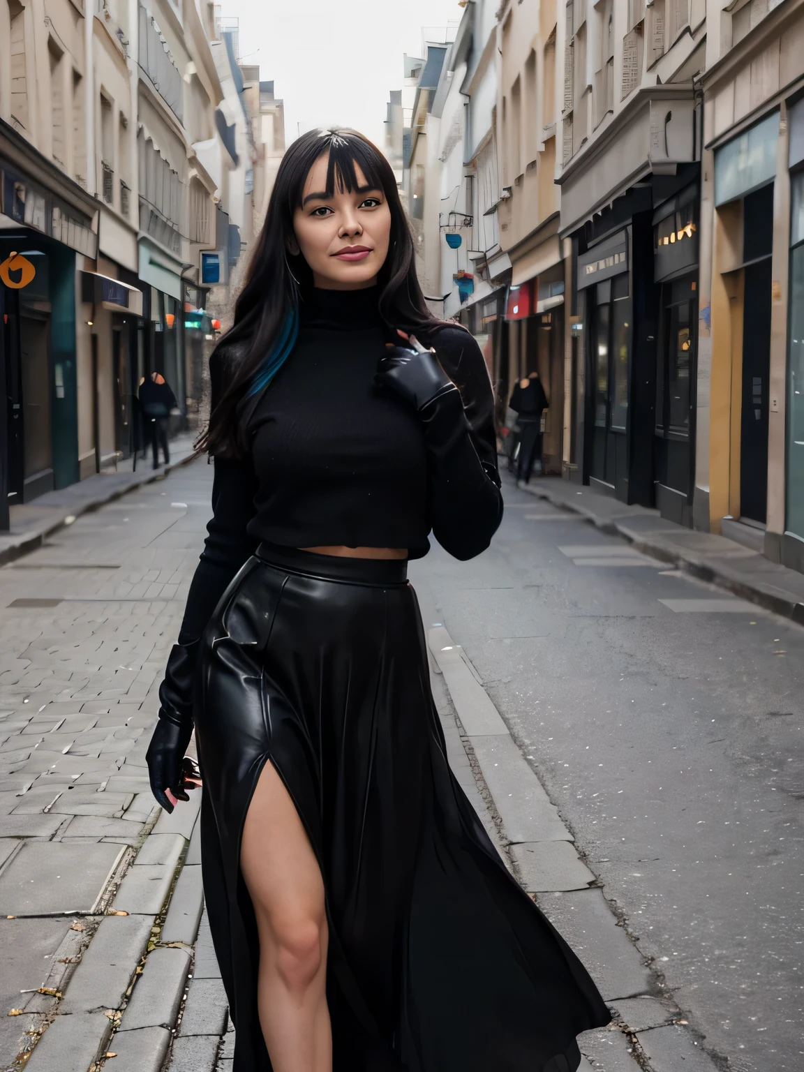 proFessional portrait photograph oF a gorgeous Smiling Bettie page girl in winter clothing with long wavy Black hair, black long maxi-skirt(black long maxi-skirt:1.2),sultry Flirty look, gorgeous symmetrical Face, joli maquillage naturel, wearing elegant warm winter Fashion clothing, black leather gloves, ((debout dehors dans une rue enneigée de la ville)), bag on her shoulders,superbe environnement urbain moderne, ultra realistic, art conceptuel, elegant, Very detailed, complexe, sharp Focus, depth oF Field, F/1. 8, 85mm, Coup moyen, midplane, (((proFessionally color graded))), bright soFt diFFused light, (volumetric Fog), tendance sur Instagram, hdr 4k, 8K
