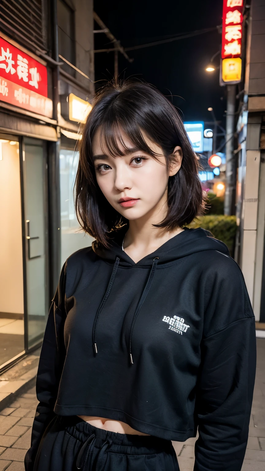 18-year-old,Korean women,Hands thrust out in front,(((Dirty neon street at night))),(((Frowning,カメラをGlaring))),(Very fine eye), (((Wearing a long black hoodie,Wearing baggy pants))),(((Collapsing Building))),(((old buildings))),((photograph)),((A woman near a garbage dump)),(((Fabric Shading))), (((highest quality))), (((masterpiece))) strong girl, ((((Realistic)))), I have a card,Black Hair, chic hairstyle, ((With bangs,Straight medium bob cut, nice hair)), Light makeup,Red eyes, (((I&#39;m not wearing lipstick))), (nice, strong), (((Strong night atmosphere))), Centered Images, Looking at the camera, Elegant colors,Realistic Skin,Realistic texture,８k,whole body,Pale skin, (((Dirty garbage dump))),A huge amount of trash,Red iris,Expressionless,Glaring,Perfect Face,(((Big eyes))),She is wearing wide black baggy pants,Mouth closed, portrait of aespaのウィンター,She is wearing black streetwear, Woman in black streetwear, 黒いハイテクな服を着た女性のphotograph, Girl wearing black hoodie, Cyberpunk Streetwear, Cyberpunk Streetwear street fashion e-girl,