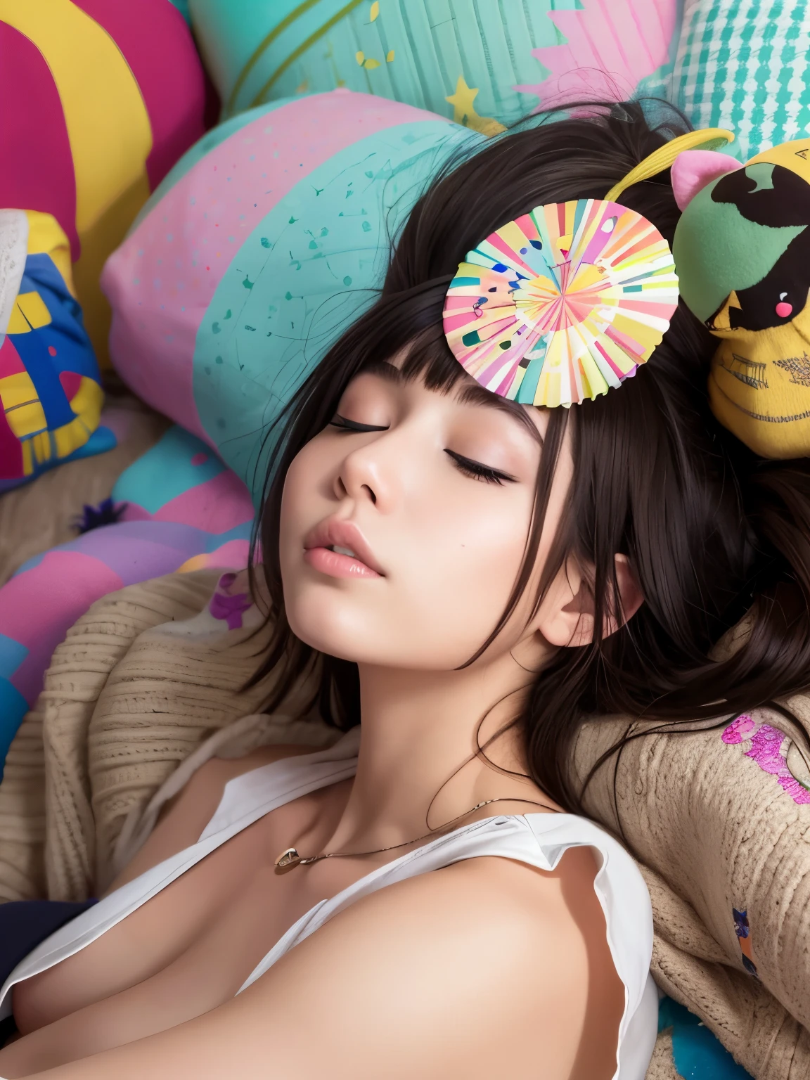 Realistic, photorealistic, rendering, female ager, cute pajamas, black hair, idol, student, cute girl, , young, cute sleeping face, long eyelashes, beautiful hair, beautiful face, beautiful eyes, beautiful body, beautiful legs, Pastel colors, frilly underwear, sleeping in bed, belly button exposed, cute belly, lying down with eyes closed, colorful background, bedroom, POP room, bright room, (highest quality, high resolution) .