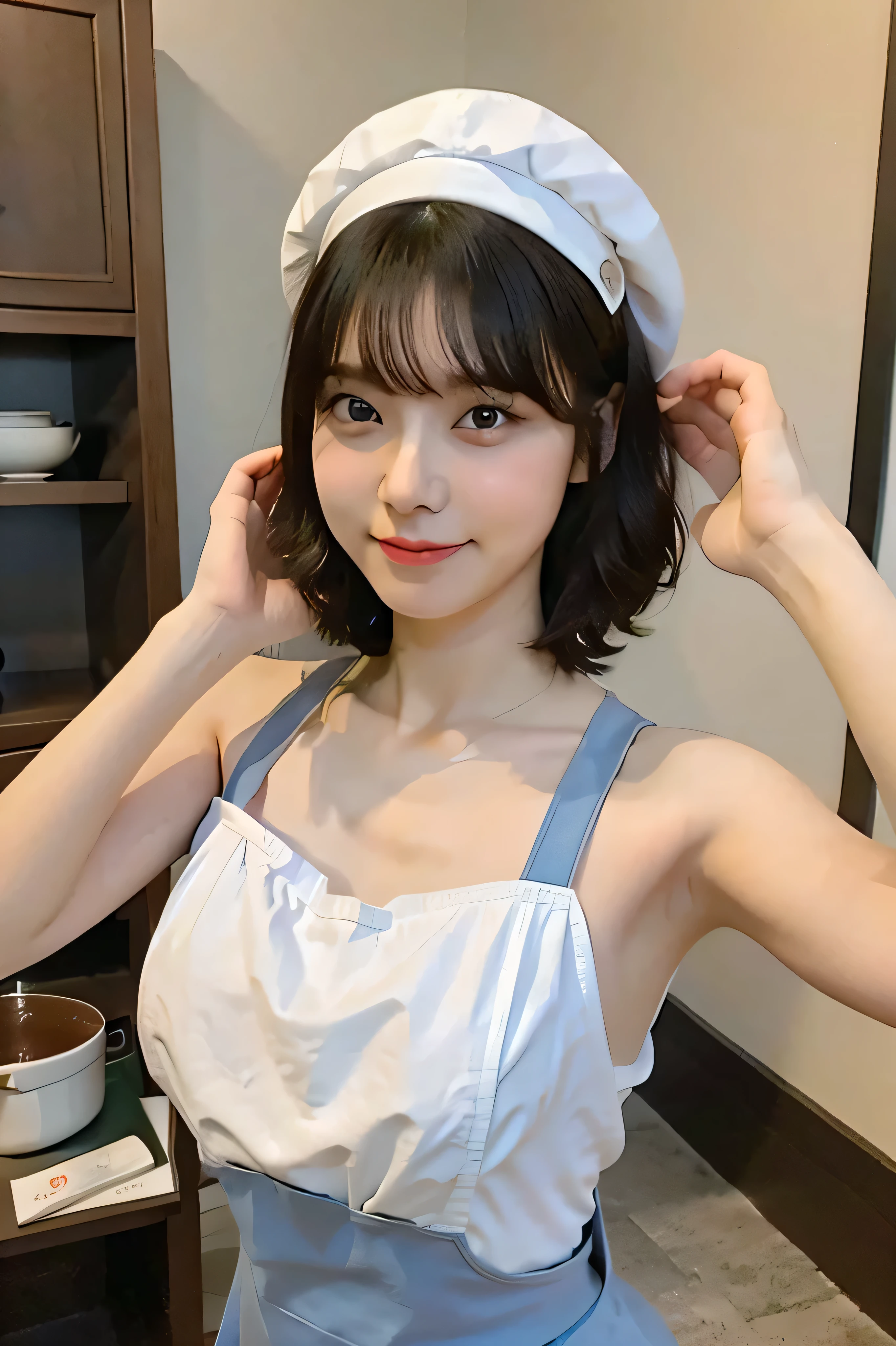 Woman cooking、(kitchen_apron:1.Wear 3)、Nice hands、4K、High resolution、masterpiece、highest quality、Wear a hat:1.3、((Hasselblad Photos))、Fine skin、Sharp focus、(Cinematic lighting)、Soft lighting、Dynamic Angle、[:(Detailed face:1.2):0.2]、Mid-chest、Sweat runs down the skin:1.2、(((In the kitchen))) Cute Smile　Viewer Perspective　Huge boobs　Tying up hair　No sleeve　Stretch your upper arms　Thrust your shoulders　Cleanliness　Big kitchen　Beautiful kitchen　wine glass　Backward view　behind　back　Short hair with bangs