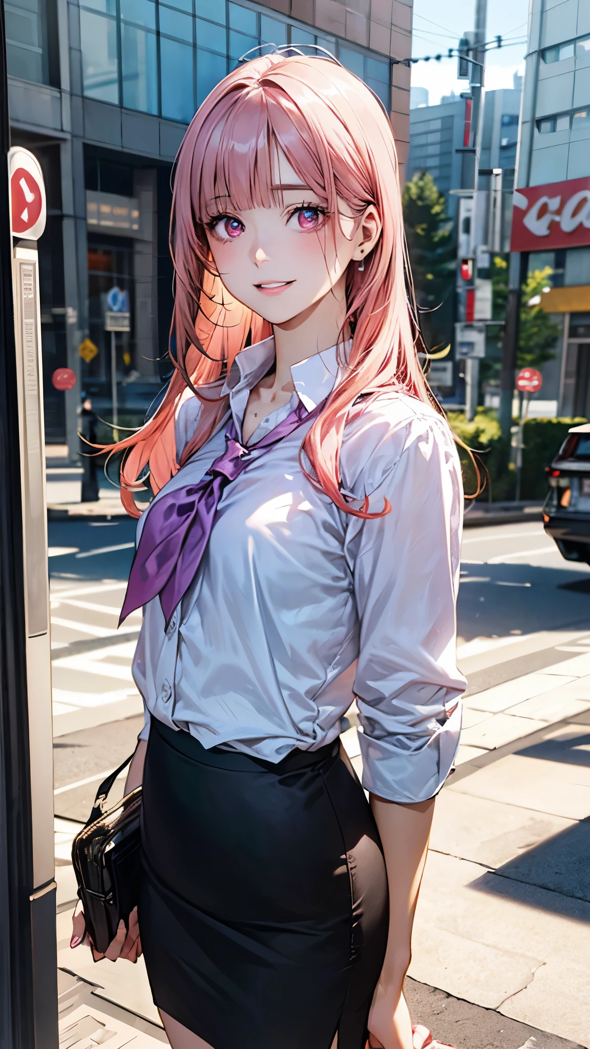 (masterpiece:1.2, top-quality), (realistic, photorealistic:1.4), beautiful illustration, (natural side lighting, movie lighting), ,
beautiful detailed hair, beautiful detailed face, beautiful detailed eyes, beautiful clavicle, beautiful body, beautiful chest, beautiful thigh, beautiful legs, beautiful hands,
looking at viewer, 1 girl, japanese, office lady, 20 years old, perfect face, cute and symmetrical face, shiny skin,
(very long hair, straight hair, salmon pink hair), blunt bangs, maroon eyes, slant eyes, big eyes, long eye lasher, (medium breasts, small ass, thin thighs), slender, outstanding style,
detailed cloth texture, ((light purple stripe very small neckerchief, white collared shirt, business suit, pencil skirt)),
(beautiful scenery), spring, evening, (downtown), standing, (lovely smile, parted lips),