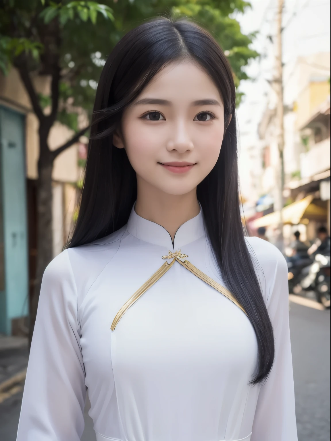 Best Quality, (Realistic, Photorealistic:1.37), ((solo)), 8K quality, Very delicate and beautiful, wonderful, Official art with attention to detail, Ridiculous, Incredibly ridiculous, Huge file sizes, Ultra-detailed, Very detailed, (cute), (detailed girl), Very detailed目と顔, Detailed and beautiful eyes, light makeup,, (The perfect woman), ((Slender body), (((whole body))), ((Frame your head)), ((pure white ao dai)), Smiling Kindly, (Long black hair), Streets of Vietnam, 16 years old, 