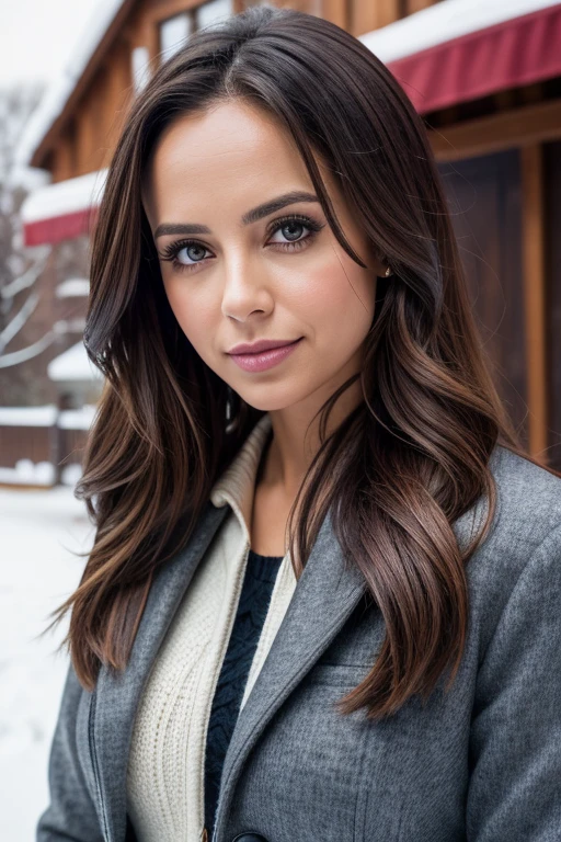 Eliza Dushku, 25 years old, very classy, dressed to go to the office, beautiful eyes, flirting with the camera, gorgeous hair, flirty, makeup, outside, winter, snow, 135mm, Canon, f/16, UHD, anatomically correct, masterpiece, textured skin, super detail, high details, high quality, highres, 8k