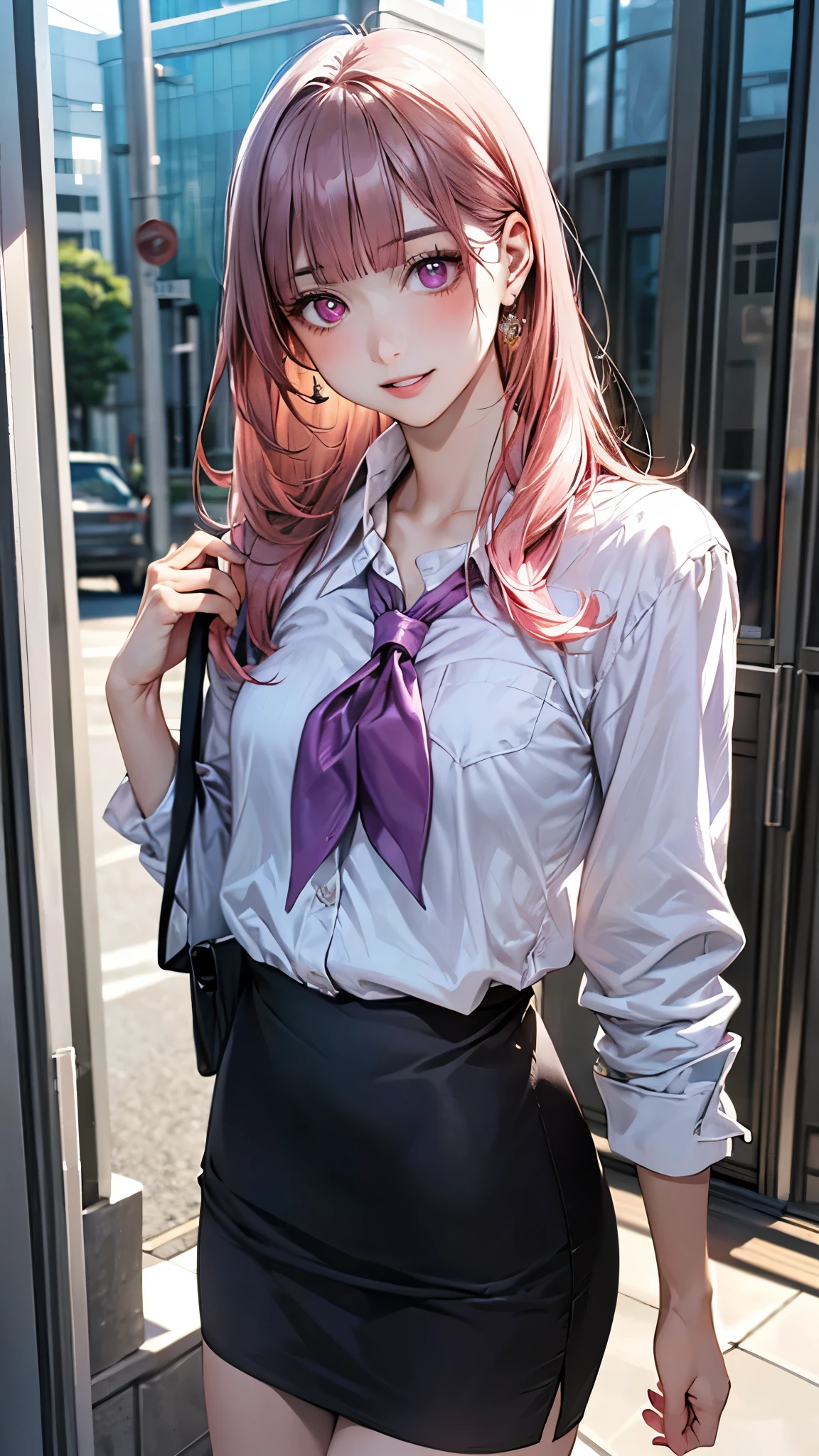(masterpiece:1.2, top-quality), (realistic, photorealistic:1.4), beautiful illustration, (natural side lighting, movie lighting), ,
beautiful detailed hair, beautiful detailed face, beautiful detailed eyes, beautiful clavicle, beautiful body, beautiful chest, beautiful thigh, beautiful legs, beautiful hands,
looking at viewer, 1 girl, japanese, office lady, 20 years old, perfect face, cute and symmetrical face, shiny skin,
(very long hair, straight hair, salmon pink hair), blunt bangs, maroon eyes, slant eyes, big eyes, long eye lasher, (medium breasts, small ass, thin thighs), slender, outstanding style,
detailed cloth texture, ((light purple stripe very small neckerchief, white collared shirt, business suit, pencil skirt)),
(beautiful scenery), spring, evening, (downtown), standing, (lovely smile, parted lips),