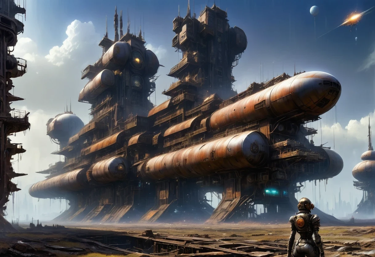Future doomsday wasteland,Silver Mechanical Girl,Mechanical joints,There are many rusty structures in the air,Destroyed large radar,Abandoned space station base,High-tech spaceship,scenic dystopian environment, Steampunk ruins of the future, Industrial science fiction, Steampunk concept art, Dystopian alien landscape,