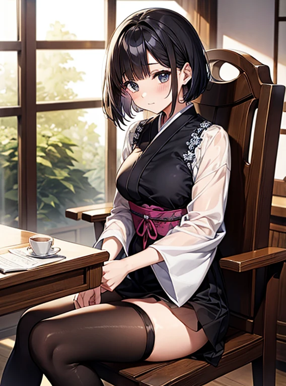 Cute Girls、Japanese、Sitting in a chair、Attractive breasts、dress、black tights、See-through underwear、Short Bob