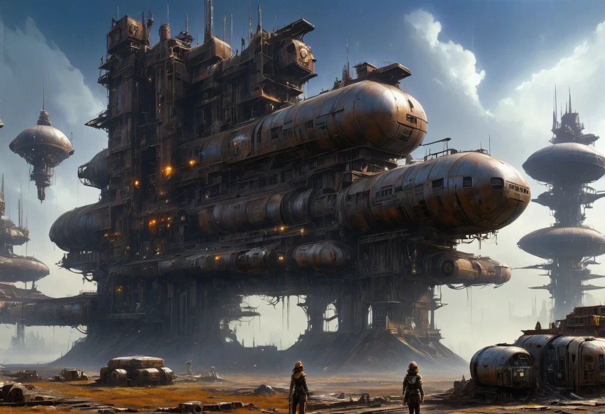 Future doomsday wasteland,Silver Mechanical Girl,Mechanical joints,There are many rusty structures in the air,Destroyed large radar,Abandoned space station base,High-tech spaceship,scenic dystopian environment, Steampunk ruins of the future, Industrial science fiction, Steampunk concept art, Dystopian alien landscape,