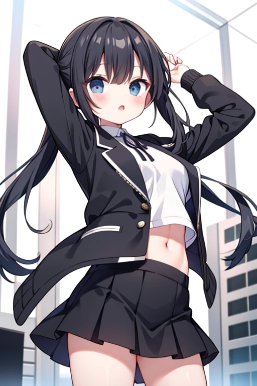 girl、、White shirt、Black jacket、mini skirt、belly button
