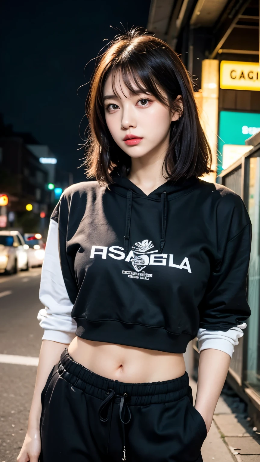 18-year-old,Korean women,Perfect thumbs up,(((Dirty neon street at night))),(((Frowning,カメラをGlaring))),(Very fine eye), (((Wearing a long black hoodie,Wearing baggy pants))),(((Collapsing Building))),(((old buildings))),((photograph)),((A woman near a garbage dump)),(((Fabric Shading))), (((highest quality))), (((masterpiece))) strong girl, ((((Realistic)))), I have a card,Black Hair, chic hairstyle, ((With bangs,Straight medium bob cut, nice hair)), Light makeup,Red eyes, (((I&#39;m not wearing lipstick))), (nice, strong), (((Strong night atmosphere))), Centered Images, Looking at the camera, Elegant colors,Realistic Skin,Realistic texture,８k,whole body,Pale skin, (((Dirty garbage dump))),A huge amount of trash,Red iris,Expressionless,Glaring,Perfect Face,(((Big eyes))),She is wearing wide black baggy pants,Mouth closed, portrait of aespaのウィンター,She is wearing black streetwear, Woman in black streetwear, 黒いハイテクな服を着た女性のphotograph, Girl wearing black hoodie, Cyberpunk Streetwear, Cyberpunk Streetwear street fashion e-girl,