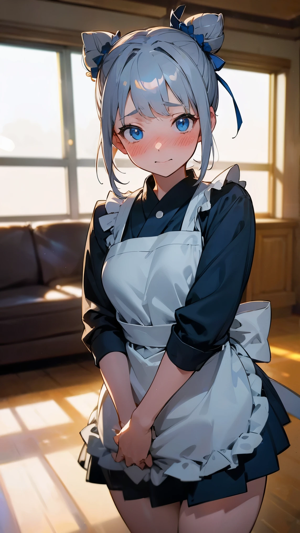 (Girl1,round face,blue eyes),grey hair, double bun, hair ribbon, kanzashi, light smile, embarrassed, depth of field, explosions, looking at the viewer, blushing, indoor, living room, thigh, apron,Highly detailed ,8K wallpapers,high resolution, beautiful lighting,detailed shadow, high resolution