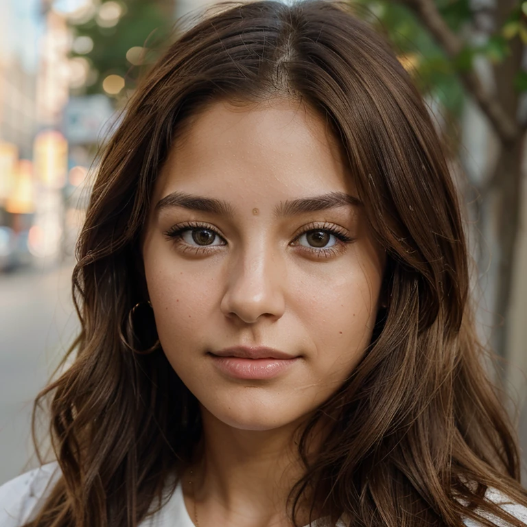 woman, 25 years old, latina, brown hair with blonde highlights, hazel eyes, natural face, full face, third quarter portrait, iphone 15 pro max