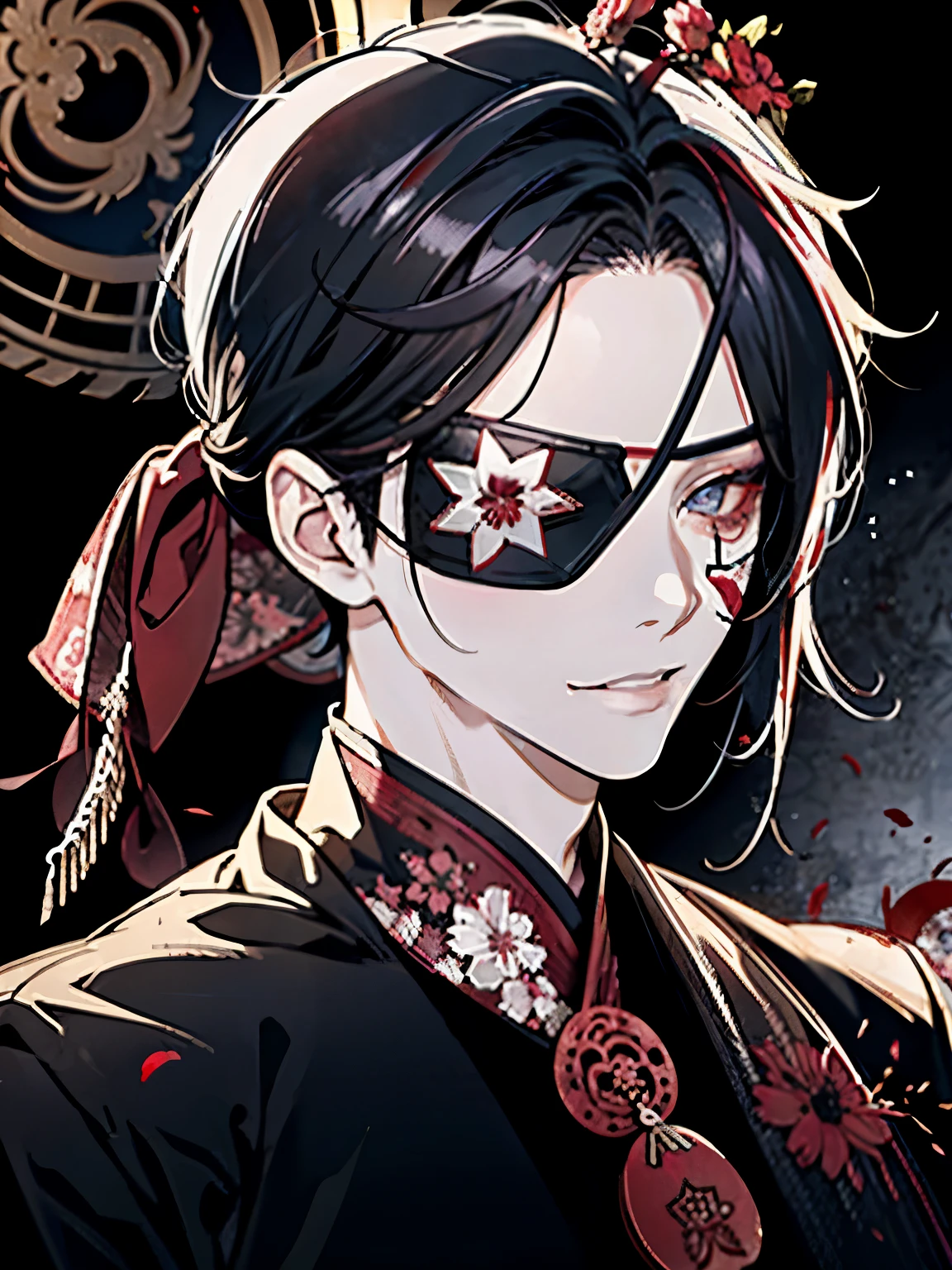 Blood Rain Flower Exploration,(Adult male:1.5),(Eye patch on right eye:1.35),Clothing like that of an ancient Chinese hermit