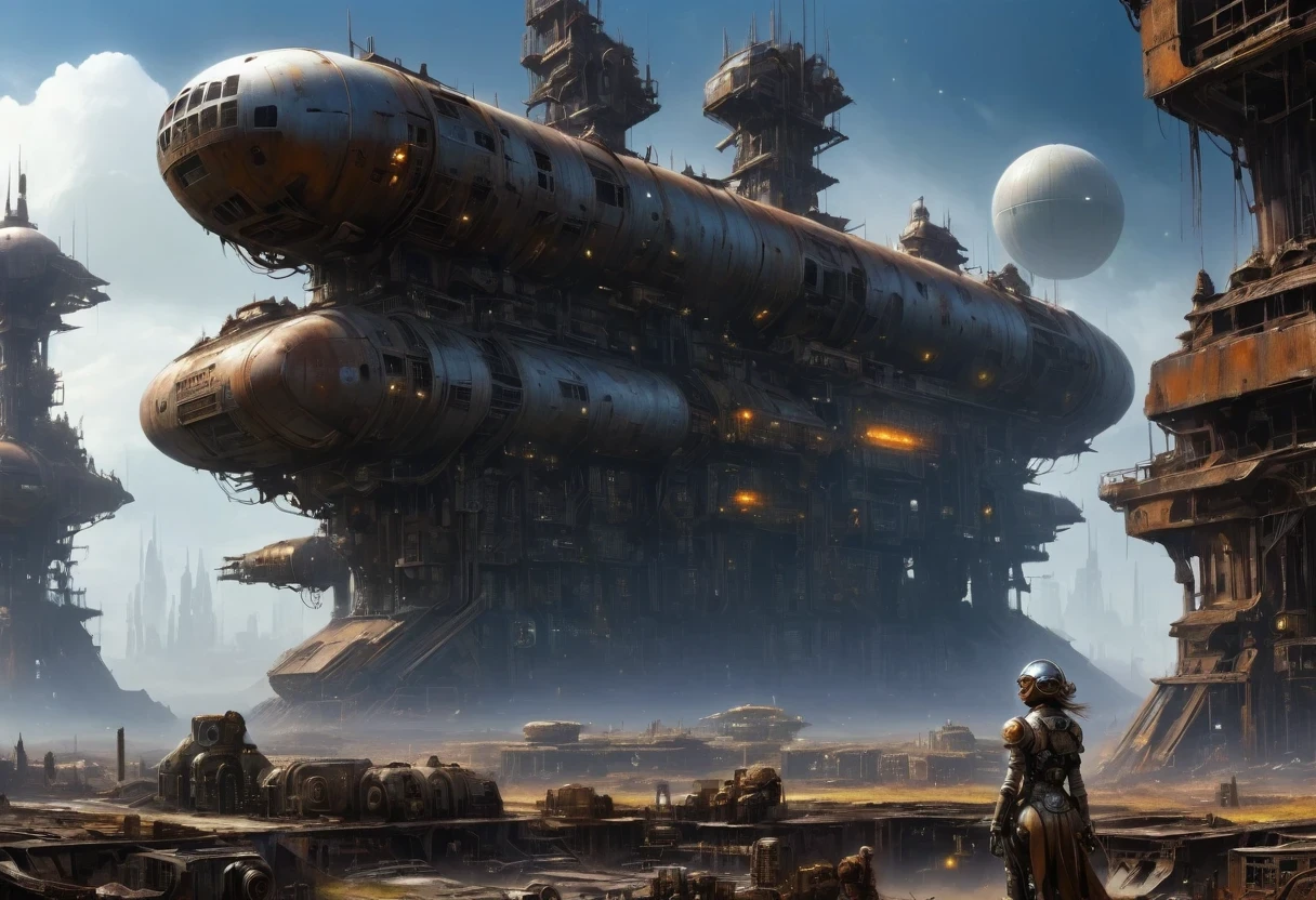 Future doomsday wasteland，Silver Mechanical Girl，Mechanical joints，There are many rusty structures in the air,Destroyed large radar，Abandoned space station base，High-tech spaceship，scenic dystopian environment, Steampunk ruins of the future, Industrial science fiction, Steampunk concept art, Dystopian alien landscape,