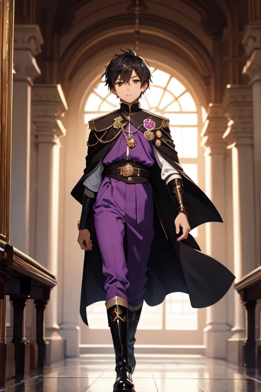 (boy1),(anime),(),(dark brown skin color),(brown eyes),(short black hair),(height 1.80cm),(wearing),+,(a 16th century emperor's outfit, consisting of a shiny black cape with purple tones, and black boots with purple tones, and a black outfit with a white blouse)