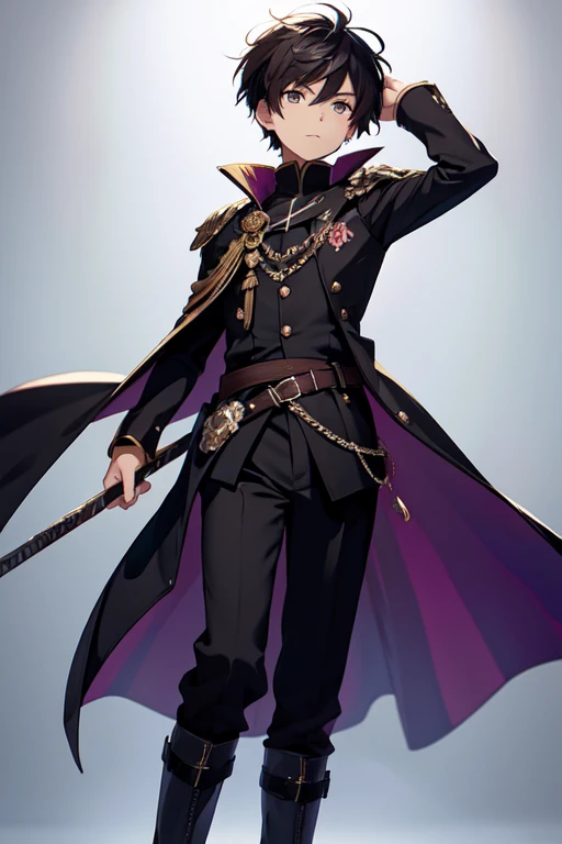 (boy1),(anime),(young teenager aged 16),(dark brown skin color),(brown eyes),(short black hair),(height 1.80cm),(wearing),+,(a 16th century emperor's outfit, consisting of a shiny black cape with purple tones, and black boots with purple tones, and a black outfit with a white blouse)