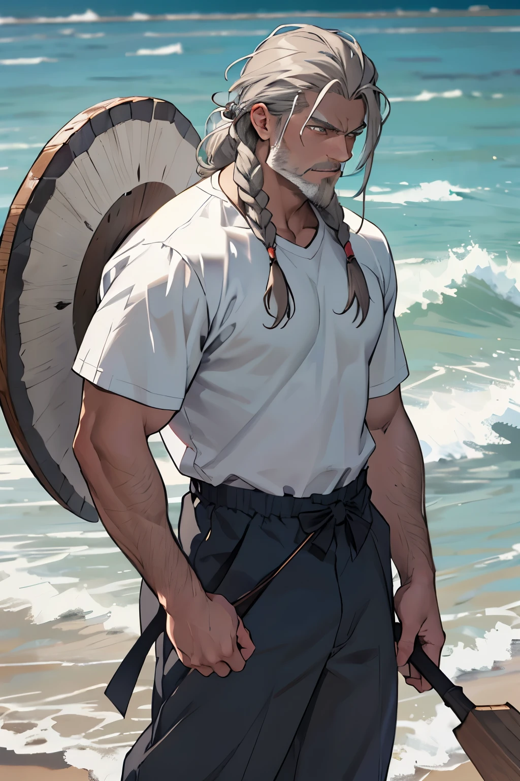 8k, Berserker viking man, solo, middle age, muscular, Very long grey hair, beautiful hair, short grey beard, no braid, white shirt, long brown trousers, intense gaze, holding two handaxes, anime, standing amid the sea