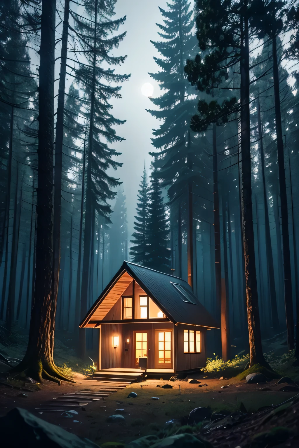 small home in the middle of the forest with palette color at night time 
