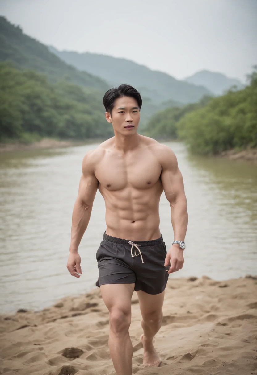 True-to-life imagery (((muscular))) Thai man in shorts, (((irresistibly sexy, nice, and美麗英俊的臉龐))), and ((pale skin color and fine skin complexion)), (((Naked chest))), ((No top)), ((Beautiful shiny long black hair)), ((No pants)), In the legendary world of Asian male models, Walking in the river, 阳光明媚的日子里的瀑布and山脉的背景. ((full-body shot)), ((Ultra-high resolution))