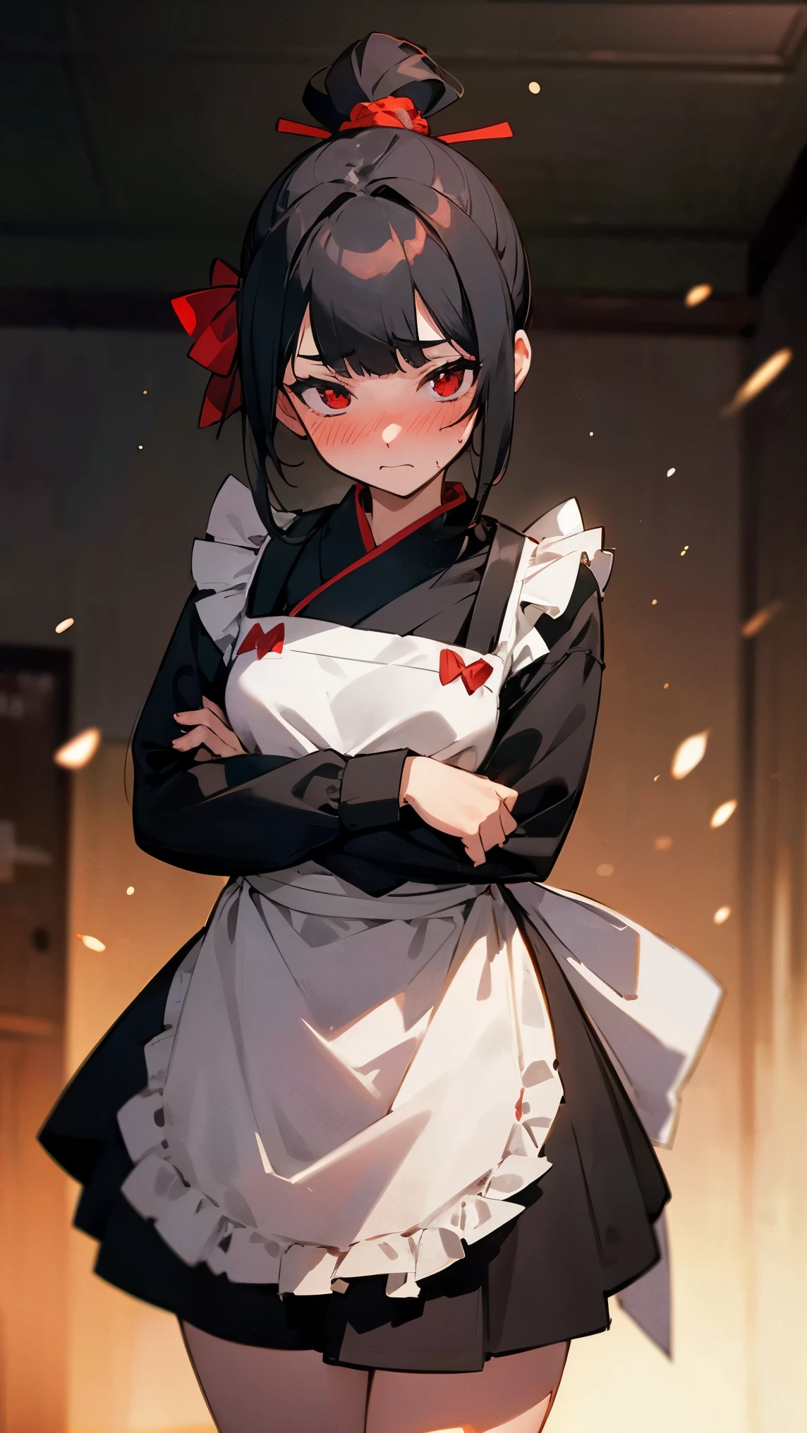 (Girl1,triangle face,red eyes),black hair,top Knot hair, hair ribbon, kanzashi, cowboy shot, Quiet, embarrassed, depth of field, explosions, looking at the viewer, blushing, indoor, living room, thigh, apron,Highly detailed ,8K wallpapers,high resolution, beautiful lighting,detailed shadow, high resolution