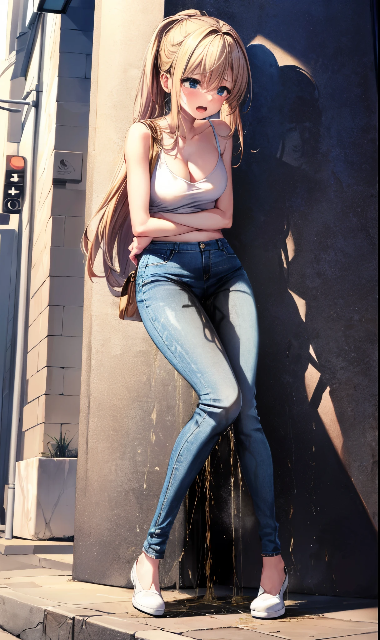 ultra high resolution, (dynamic angle, standing pose:1.2), outdoors, downtown, (legs focus, full body:1.3), (beautiful face, beautiful eyes, beautiful legs), not safe for work, (peeing self:1.5), wetting herself, (pee stain:1.3), peeing herself, (urination:1.3),
20 year old, european, white skin, blush, scared, panicking, crying, tears, open mouth, topwear, hard nipples, cleavage, (hands between legs:1.4), skinny, thin waist, (jeans pants, super skinny jeans, blue jeans), footwear, (knees together feet apart:1.4)