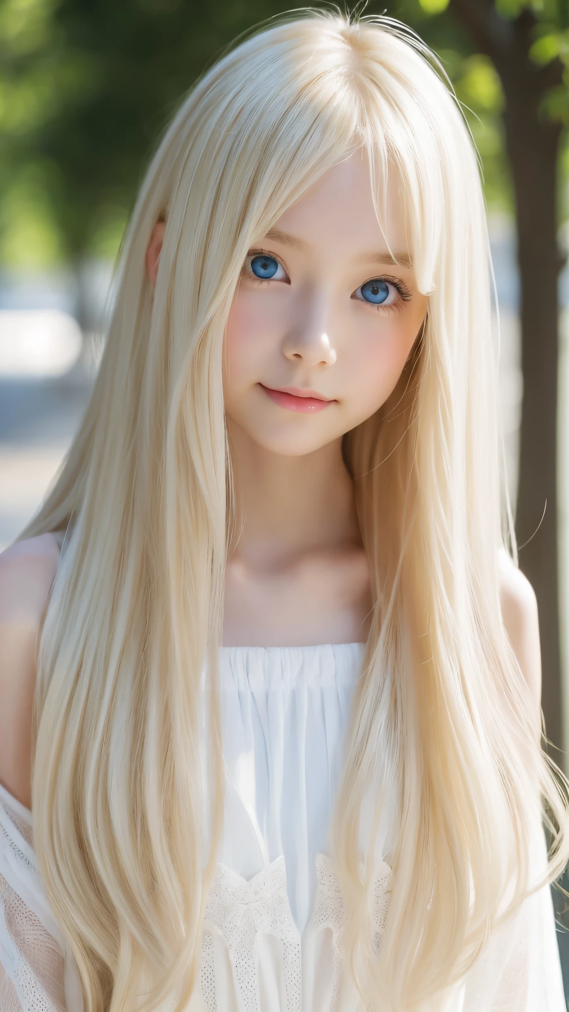 Shining, clear, white skin、Her windblown blonde hair hides her beautiful face、huge、28 years old cute sexy little beautiful face、Beautiful straight hair that stands out、growing up, Sparkling light blue eyes、long silky bangs that cover cute eyes, Sexy and cute young woman with super long hair hiding her sexy face、Super long, natural platinum blonde shiny hair
