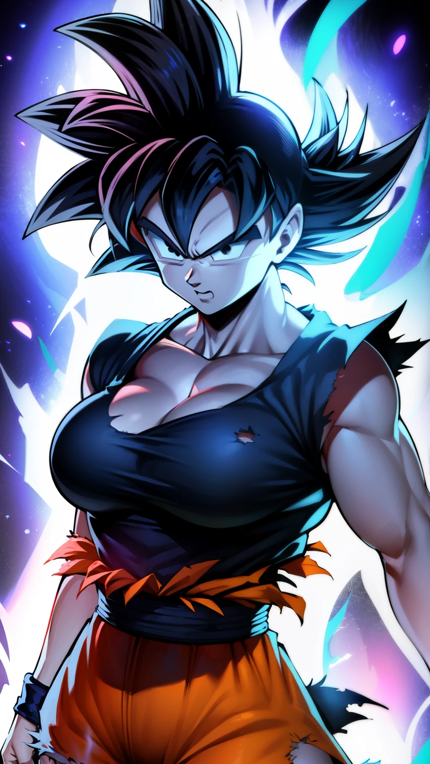 ((masterpiece, best quality)),(complex light), 1female,solo,upper body, goku,black hair,black eyes, angry, large breasts, wide hips, curvy, thin waist, orange and blue gi, blue martial arts belt, (torn clothes:1.2), solo girl, ultra instinct, ultra instinct effect, white purpelish aura