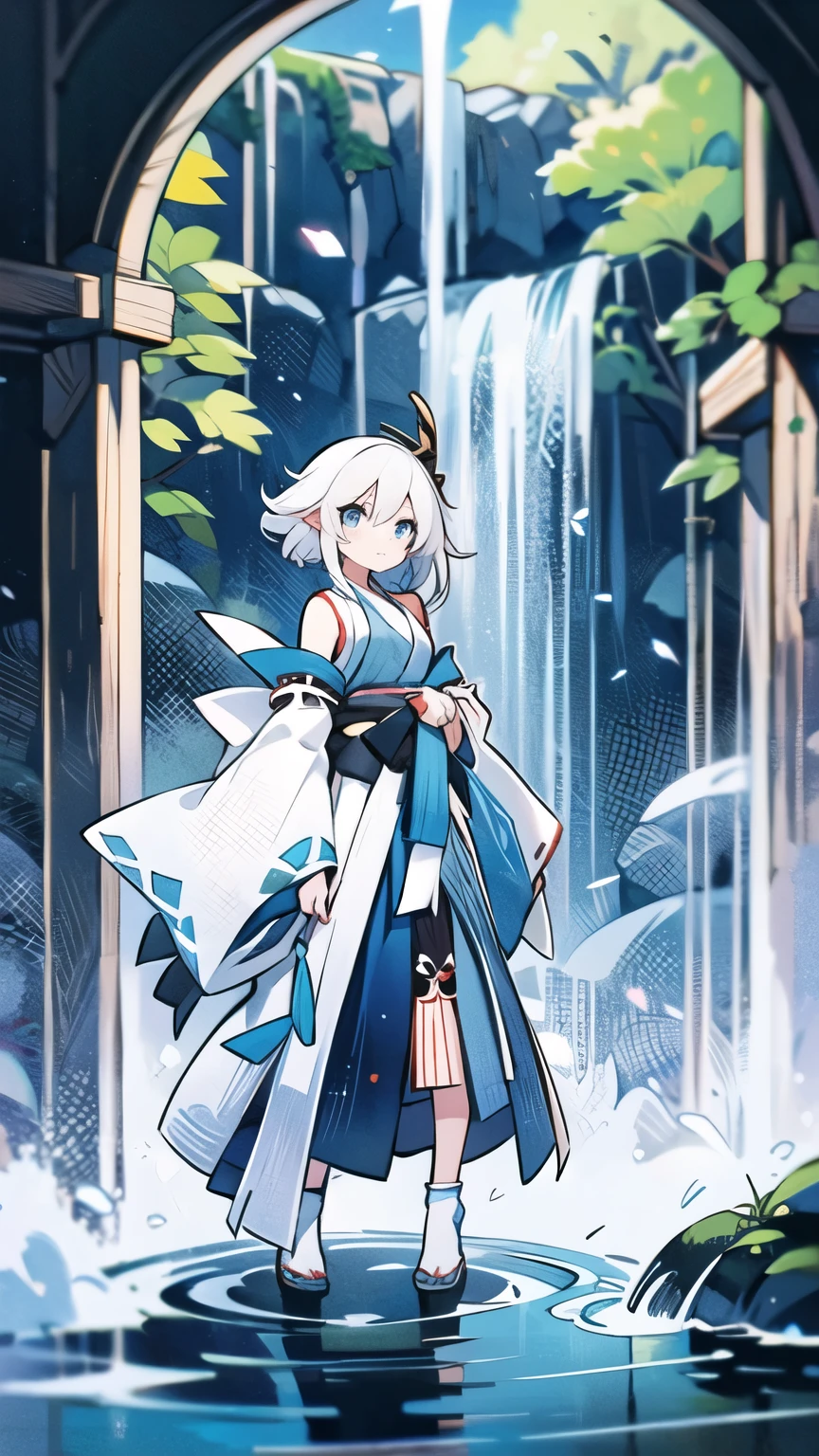 human Lugia; full body; girl; white hair; blue eyes; waterfall; 
blue miko
