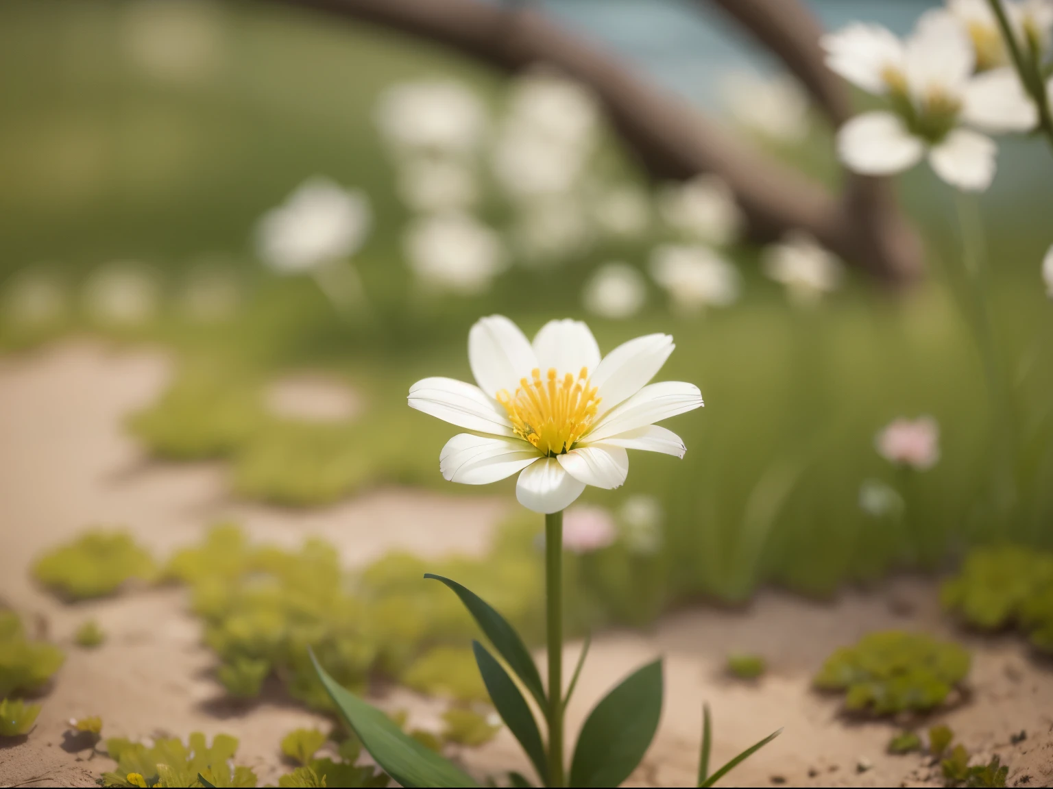 A single flower blooms in the grass, Shot with Canon EOS R 6, Flowers blooming in the background, Shot on Sony Alpha 9, Shot with the Nikon Z9, blurry and sharp focus, Very shallow depth of field, Early Spring, Photographed with Sony A7R camera, Photos taken with Sony A7R, Non-Dual God of Spring