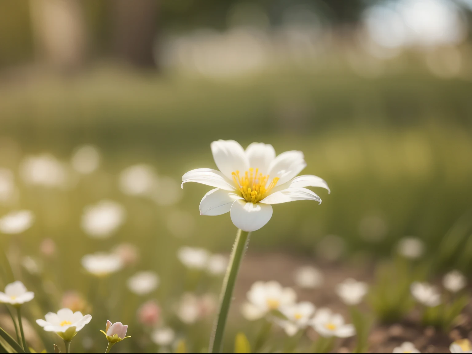 A single flower blooms in the grass, Shot with Canon EOS R 6, Flowers blooming in the background, Shot on Sony Alpha 9, Shot with the Nikon Z9, blurry and sharp focus, Very shallow depth of field, Early Spring, Photographed with Sony A7R camera, Photos taken with Sony A7R, Non-Dual God of Spring