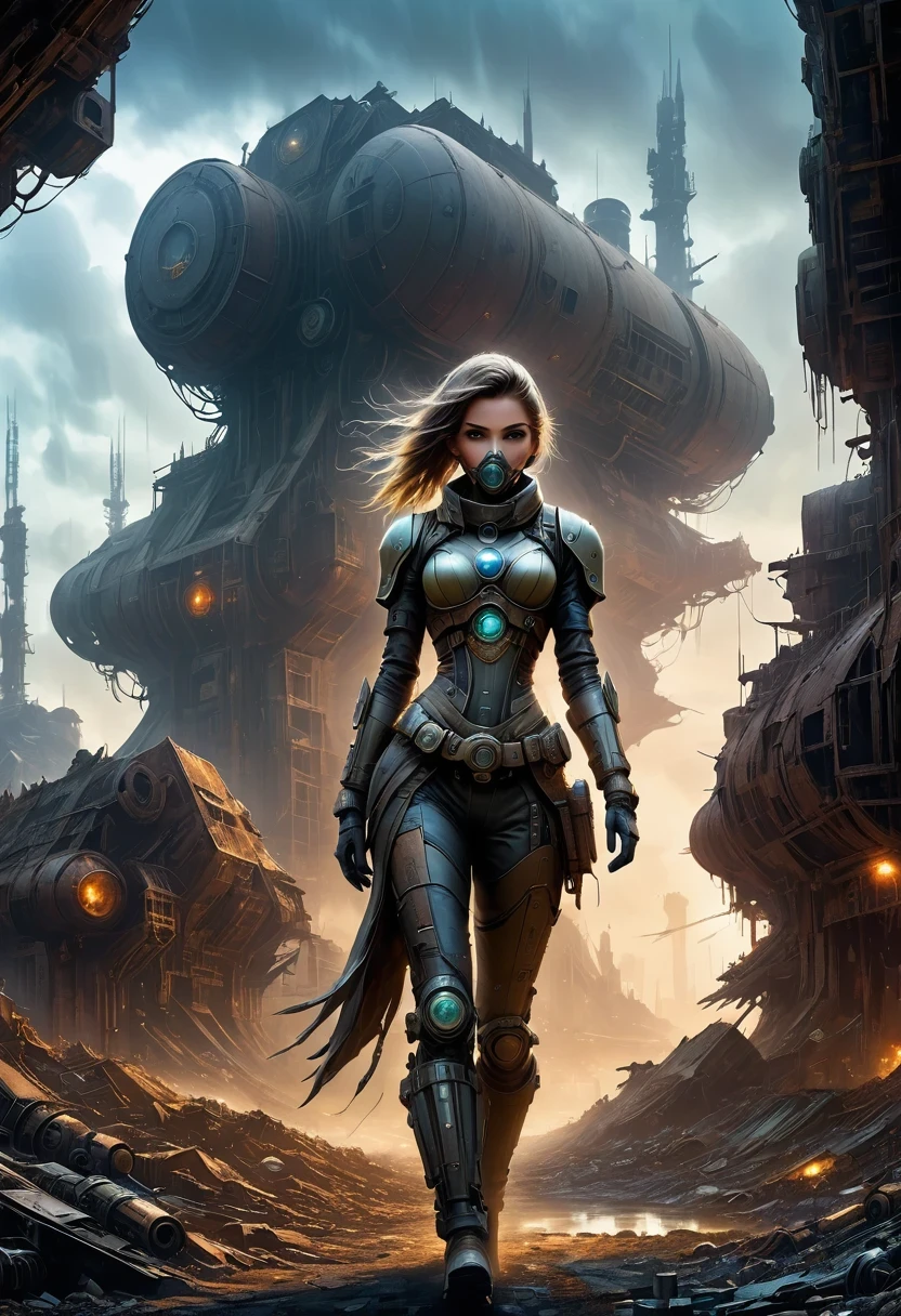 Future cyberpunk mechanical girl wearing a future gas mask walking through the destroyed future city,Silver Mechanical Girl,Mechanical joints,There are many rusty structures in the air,Destroyed large radar,Abandoned space station base, scenic Dystopian environment, Dystopian environment, Industrial science fiction, Industrial science fiction, Industrial science fiction, Steampunk space station base background, Dystopian digital concept art, Steampunk city, post-apocalyptic factory, Steampunk ruins of the future, Industrial science fiction, Steampunk concept art, Dystopian alien landscape, In a steampunk cityscape, Dystopian Landscape