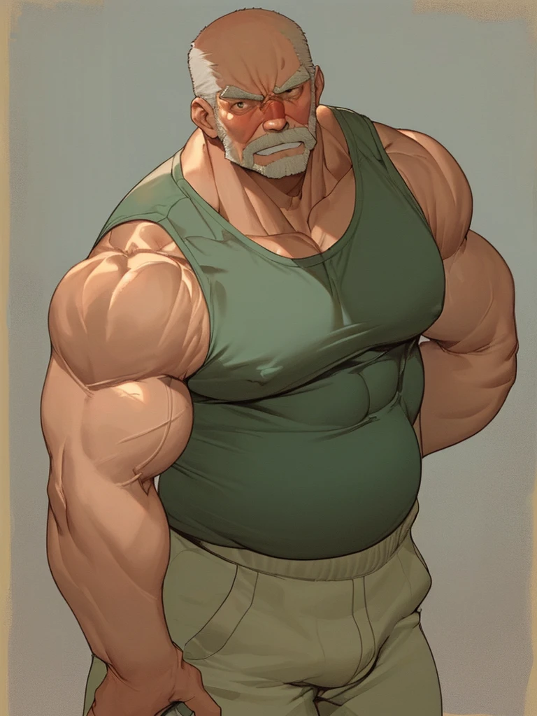 old man standing wearing tank top, muscle body,daddy,bara type,fat