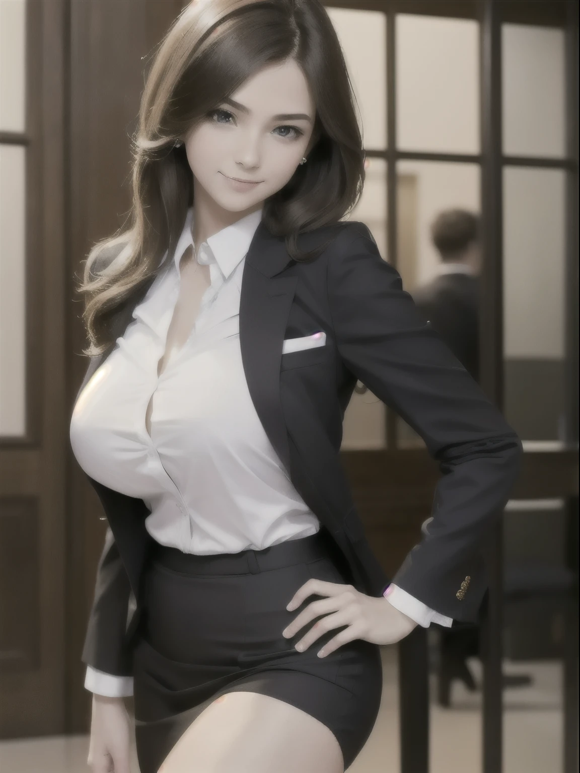 master piece, best quality, ((realistic)), 8K picture quality, extremely delicate and beautiful, ((1 person)), ((business formal wear)), Official art with attention to detail, Ridiculous, unbelievable Ridiculous, (Put the head in the frame), ultra-detail, (Pretty girl), ((Perfect female figure)), (smile), full of sweat, Brown hair, big and full breasts, slim waist, big ass, Very beautiful nice cute 18 year old girl,