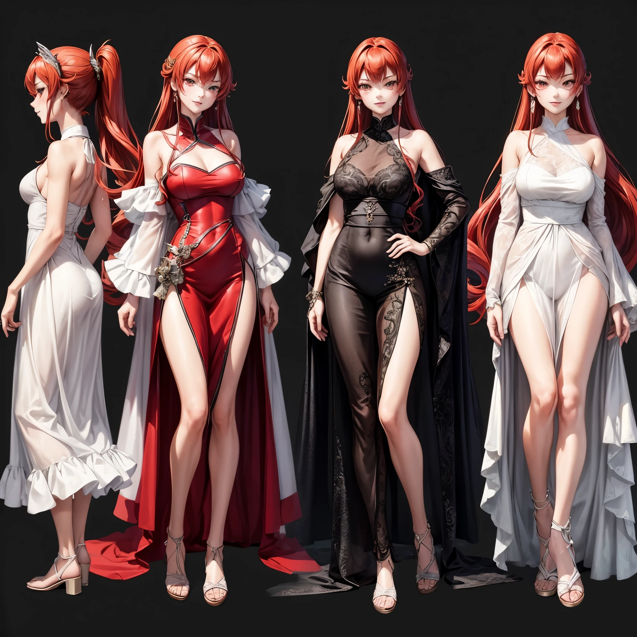 (masterpiece, best quality:1.2), half body shot, solo, female focus, 1girl, eris greyrat, red hair, red eyes, formal dress, sexy female, , grin, (best quality,extremely detailed),detailed background,detailed face,longeyelashes,  comprehensive model sheet for a character, including front view and side view, with detailed perspectives and angles