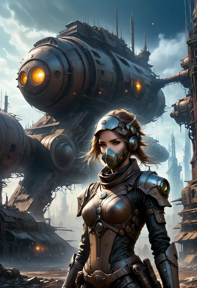 Future cyberpunk mechanical girl wearing a future gas mask walking through the destroyed future city，Silver Mechanical Girl，Mechanical joints，There are many rusty structures in the air,Destroyed large radar，Abandoned space station base， scenic Dystopian environment, Dystopian environment, Industrial science fiction, Industrial science fiction, Industrial science fiction, Steampunk space station base background, Dystopian digital concept art, Steampunk city, post-apocalyptic factory, Steampunk ruins of the future, Industrial science fiction, Steampunk concept art, Dystopian alien landscape, In a steampunk cityscape, Dystopian Landscape