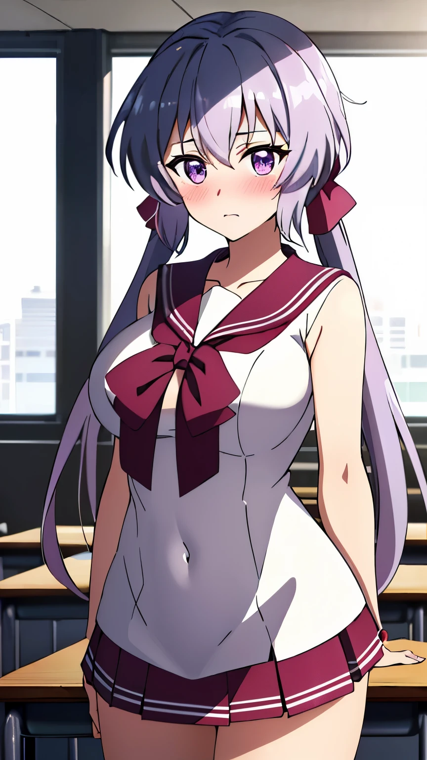 (Best Quality, 8K, High Resolution, Masterpiece: 1.2), Anime Art Style, Yukine chris, 1 Girl, Perfect Face, Perfect Eyes, Big Breasts, Silver Hair, Rose Ptails, Pink Hair, Ribbon, Purple eyes, thin pigtails, long hair, soft expression, alone, (sailor suit, miniskirt, blush, classroom), cowboy shot, audience rating