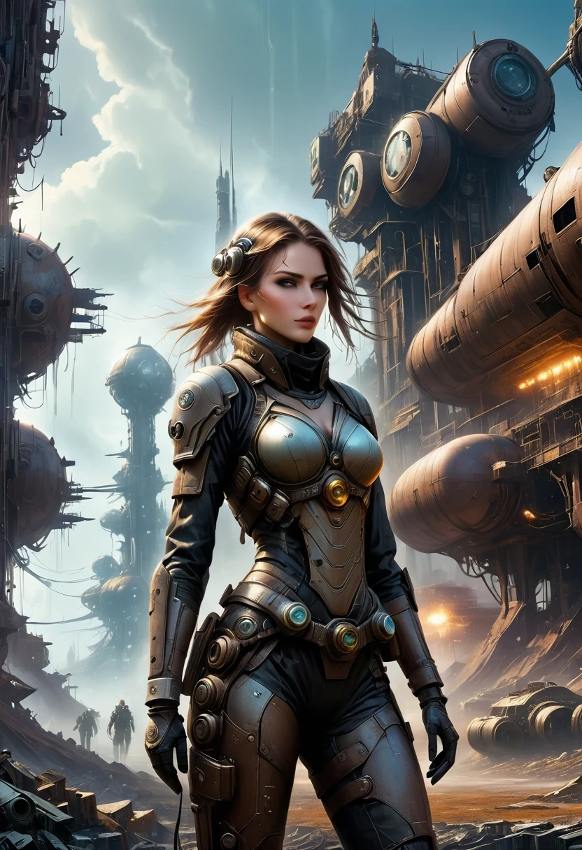 Future cyberpunk mechanical girl wearing a future gas mask walking through the destroyed future city,Silver Mechanical Girl,Mechanical joints,There are many rusty structures in the air,Destroyed large radar,Abandoned space station base, scenic Dystopian environment, Dystopian environment, Industrial science fiction, Industrial science fiction, Industrial science fiction, Steampunk space station base background, Dystopian digital concept art, Steampunk city, post-apocalyptic factory, Steampunk ruins of the future, Industrial science fiction, Steampunk concept art, Dystopian alien landscape, In a steampunk cityscape, Dystopian Landscape