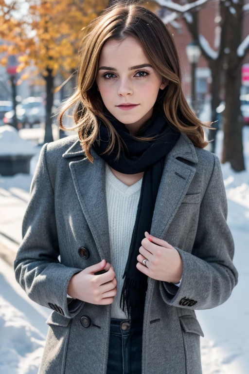 Emma Watson, 25 years old, very classy, dressed to go to the office, beautiful eyes, flirting with the camera, ruffled lip, gorgeous hair, flirty, makeup, outside, winter, snow, 135mm, Canon, f/16, UHD, anatomically correct, masterpiece, textured skin, super detail, high details, high quality, highres, 8k