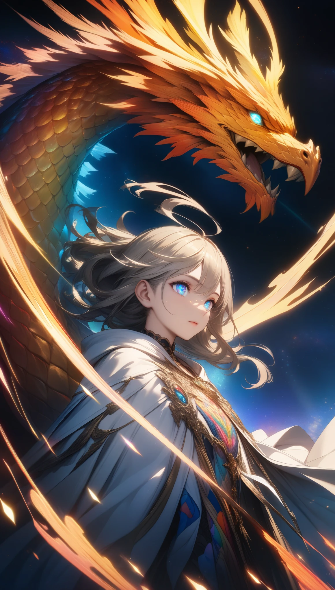 32k, best quality, ultra high res, HDR, UHD, extremely detailed CG, unity 32k wallpaper, (masterpiece, highest quality, highest quality, Official Art, beautifully、aesthetic:1.2), (One girl), Highly detailed eyes, (Fractal Art:1.3), colorful, Most detailed, (Perfect Face), Shiny skin, High resolution, (White cloak, golden lines:1.2), Milky Way, (Streaks of Light), Impressive visuals, (Dynamic stripes, Light trail:1.2), Vibrant colors, (Phoenix), (Dragon),