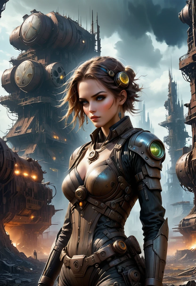 arafed image of a woman in a corset dress standing in front of a group of robots, les edwards poster art, space cowboy, exploding planet in background, cinemascope panorama, holy cyborg necromancer girl, scene from star wars 1977, girlboss, john stephens, by Juan Giménez, 2070s, steampunk aesthetic --auto --s2