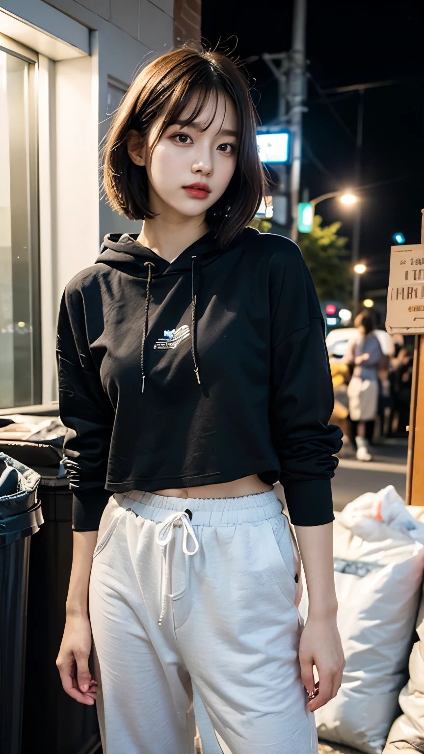 18-year-old,Korean women,holding a small brown glass bottle,(((Dirty neon street at night))),(((Frowning,カメラをGlaring))),(Very fine eye), (((Wearing a long black hoodie,Wearing baggy pants))),(((Collapsing Building))),(((old buildings))),((photograph)),((A woman near a garbage dump)),(((Fabric Shading))), (((highest quality))), (((masterpiece))) strong girl, ((((Realistic)))), I have a card,Black Hair, chic hairstyle, ((With bangs,Straight medium bob cut, nice hair)), Light makeup,Red eyes, (((I&#39;m not wearing lipstick))), (nice, strong), (((Strong night atmosphere))), Centered Images, Looking at the camera, Elegant colors,Realistic Skin,Realistic texture,８k,whole body,Pale skin, (((Dirty garbage dump))),A huge amount of trash,Red iris,Expressionless,Glaring,Perfect Face,(((Big eyes))),She is wearing wide black baggy pants,Mouth closed, portrait of aespaのウィンター,She is wearing black streetwear, Woman in black streetwear, 黒いハイテクな服を着た女性のphotograph, Girl wearing black hoodie, Cyberpunk Streetwear, Cyberpunk Streetwear street fashion e-girl,