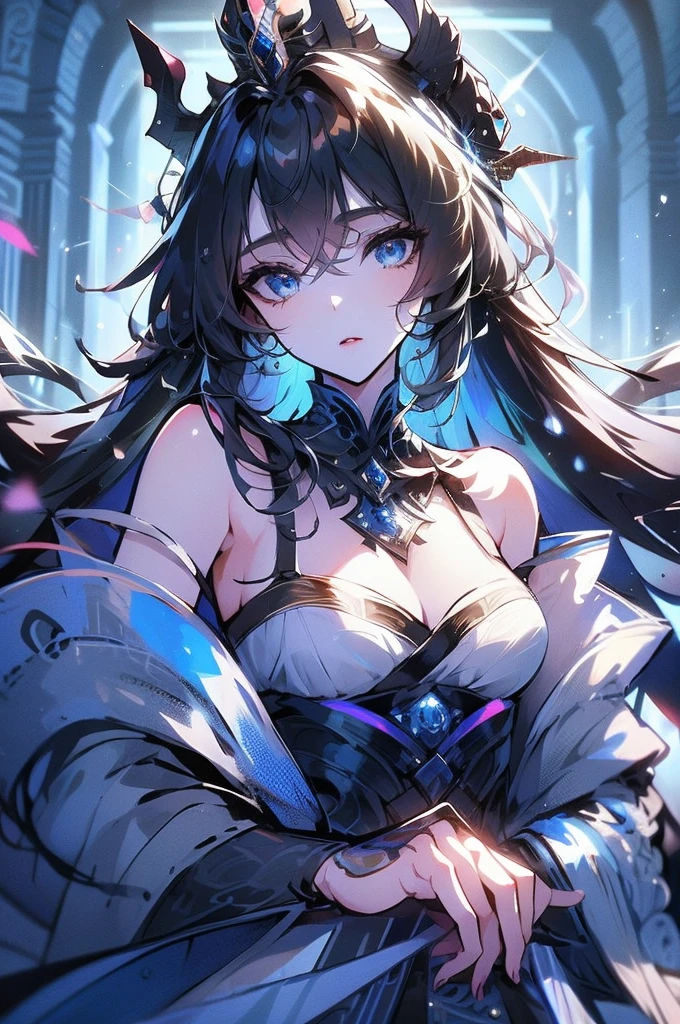 (((masterpiece))),best quality, illustration,(beautiful detailed girl),bare shoulders,flat_chst,diamond and glaring eyes,beautiful detailed cold face,very long blue and sliver hair,floaing black feathers,wavy hair,black and white sleeves,gold and sliver fringesl,a silver triple crown inlaid with obsidian,(sit) on the black ((throne)), (depth) of (field),big_breasts