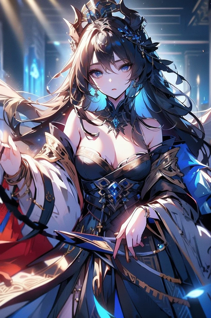 (((masterpiece))),best quality, illustration,(beautiful detailed girl),bare shoulders,flat_chst,diamond and glaring eyes,beautiful detailed cold face,very long blue and sliver hair,floaing black feathers,wavy hair,black and white sleeves,gold and sliver fringesl,a silver triple crown inlaid with obsidian,(sit) on the black ((throne)), (depth) of (field),big_breasts