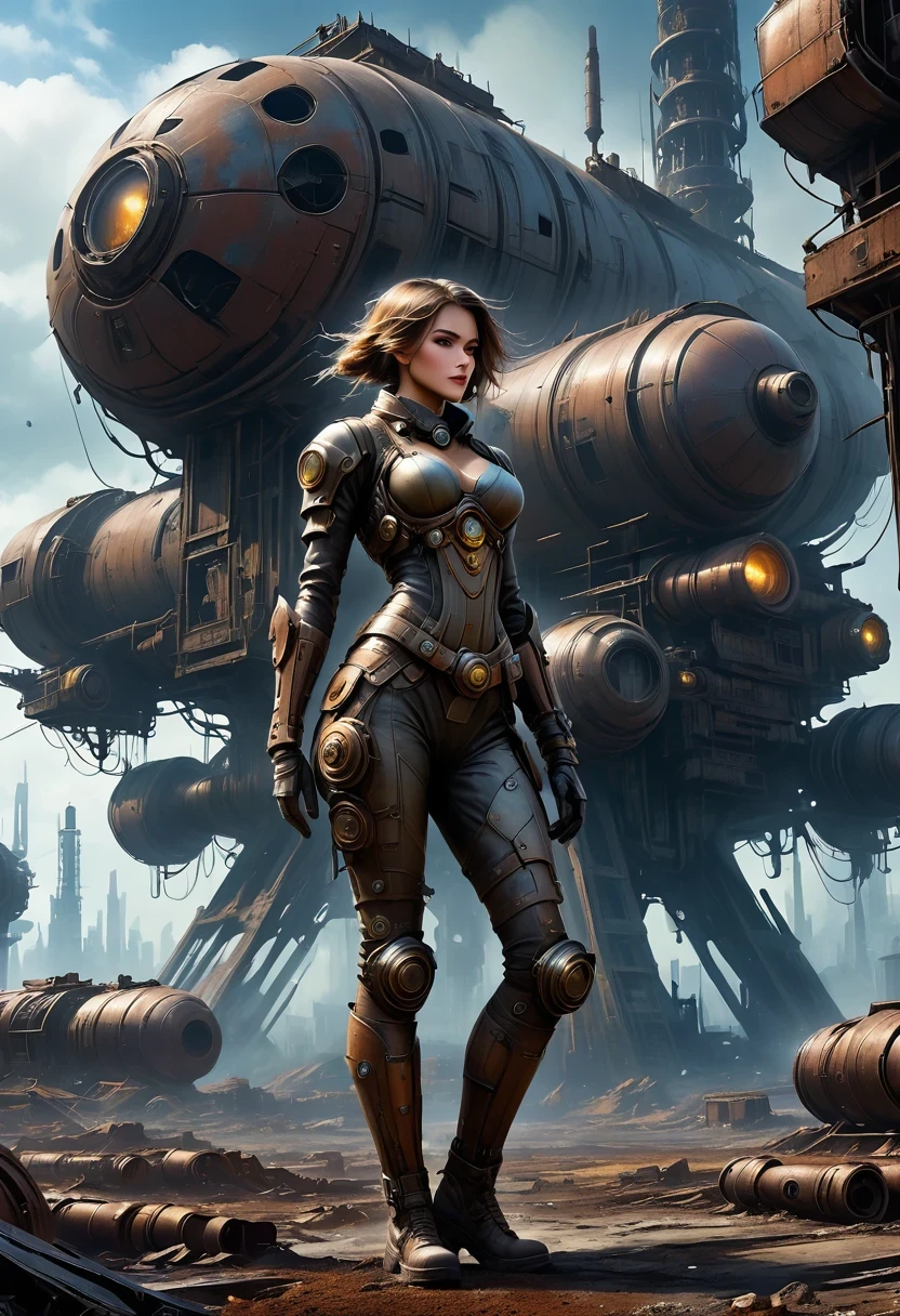 1950's-illustration-style, pulp magazine style, (a beautiful-sexy-woman-pointing-retro- pistol-at- the-viewer, wearing-cyber-armor-retro-helmet-boots-gloves-belt), behind (a retro space-ship) future city background, (best quality) (masterpiece) <lora:XL_Weapon_pistol:1>