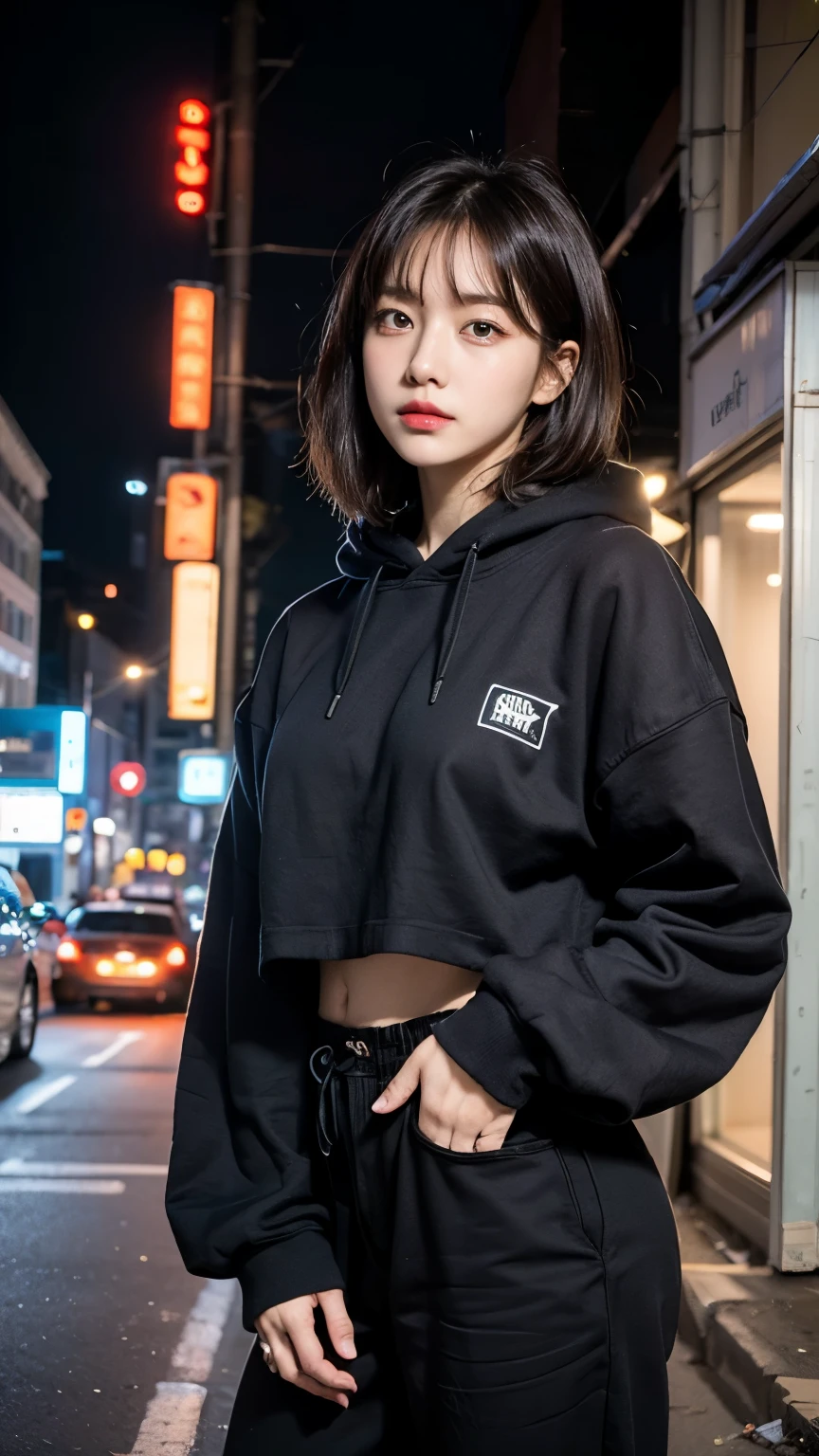 18-year-old,Korean women,holding a small brown glass bottle,(((Dirty neon street at night))),(((Frowning,カメラをGlaring))),(Very fine eye), (((Wearing a long black hoodie,Wearing baggy pants))),(((Collapsing Building))),(((old buildings))),((photograph)),((A woman near a garbage dump)),(((Fabric Shading))), (((highest quality))), (((masterpiece))) strong girl, ((((Realistic)))), I have a card,Black Hair, chic hairstyle, ((With bangs,Straight medium bob cut, nice hair)), Light makeup,Red eyes, (((I&#39;m not wearing lipstick))), (nice, strong), (((Strong night atmosphere))), Centered Images, Looking at the camera, Elegant colors,Realistic Skin,Realistic texture,８k,whole body,Pale skin, (((Dirty garbage dump))),A huge amount of trash,Red iris,Expressionless,Glaring,Perfect Face,(((Big eyes))),She is wearing wide black baggy pants,Mouth closed, portrait of aespaのウィンター,She is wearing black streetwear, Woman in black streetwear, 黒いハイテクな服を着た女性のphotograph, Girl wearing black hoodie, Cyberpunk Streetwear, Cyberpunk Streetwear street fashion e-girl,